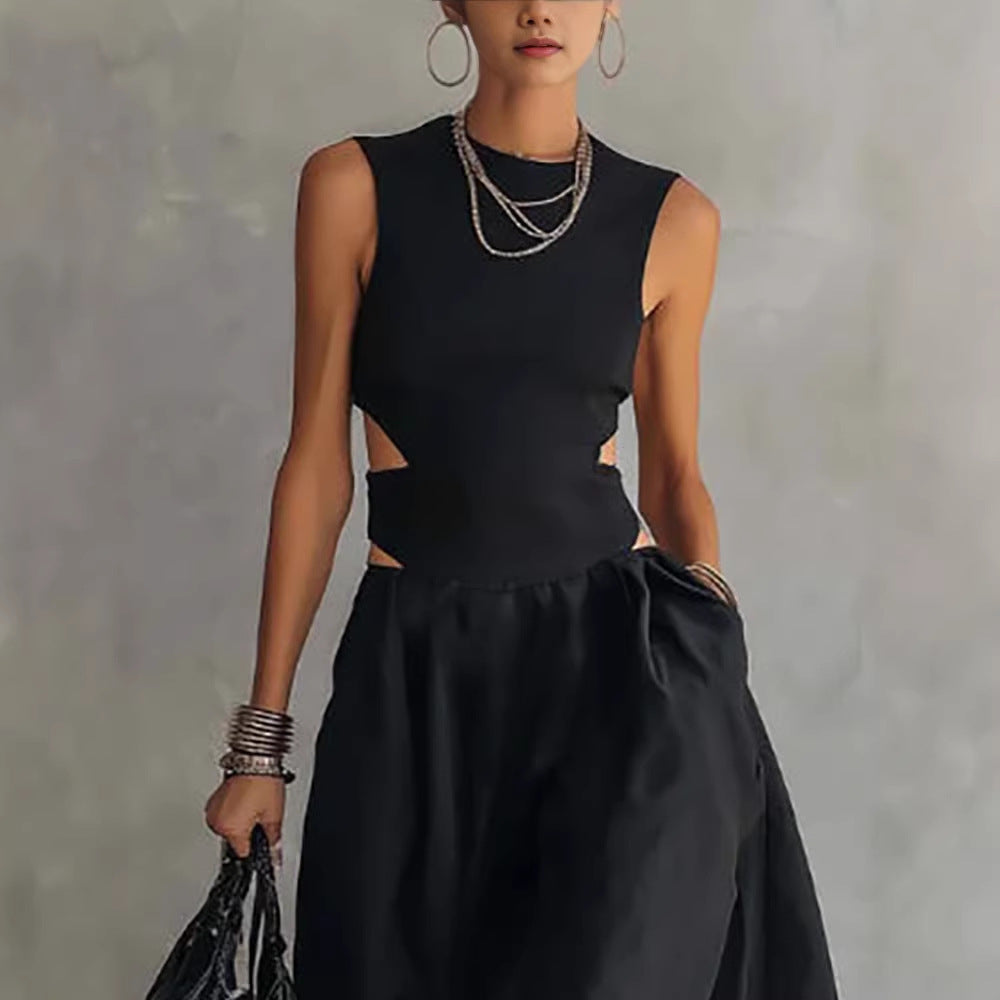 Black Sleeveless Midriff-baring Elegant Slimming Long Dress