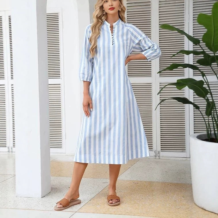 V-neck Striped Dress-shirt Skirt Thats Slimming And Relaxed-fit