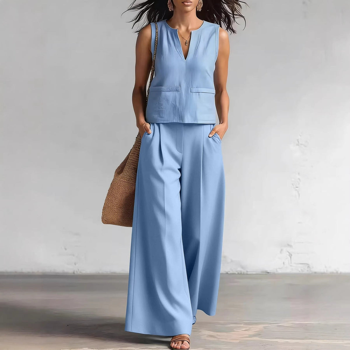 Solid-color Elegant Two-piece Set Crew-neck Vest And Wide-leg Pants