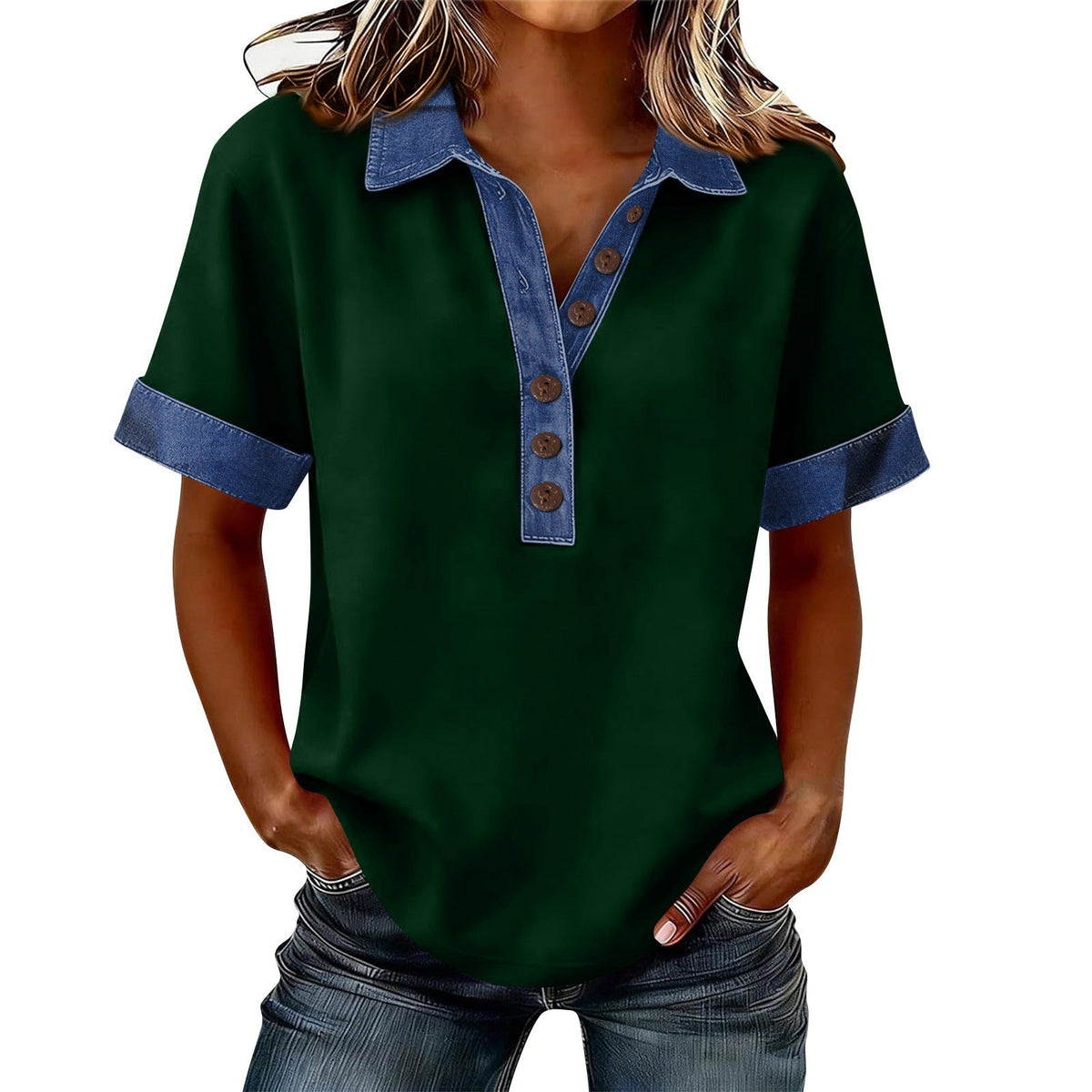 Summer New Denim Patchwork Polo Shirt