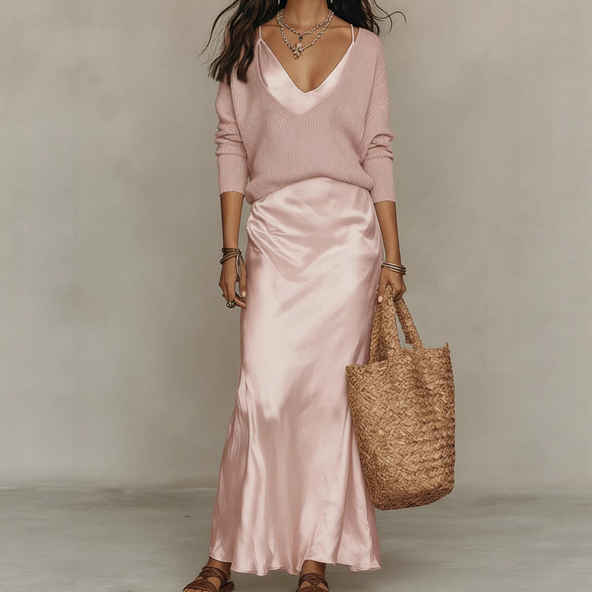 Womens Solid-Color V-Neck Knitted Sweater And Satin Dress Set