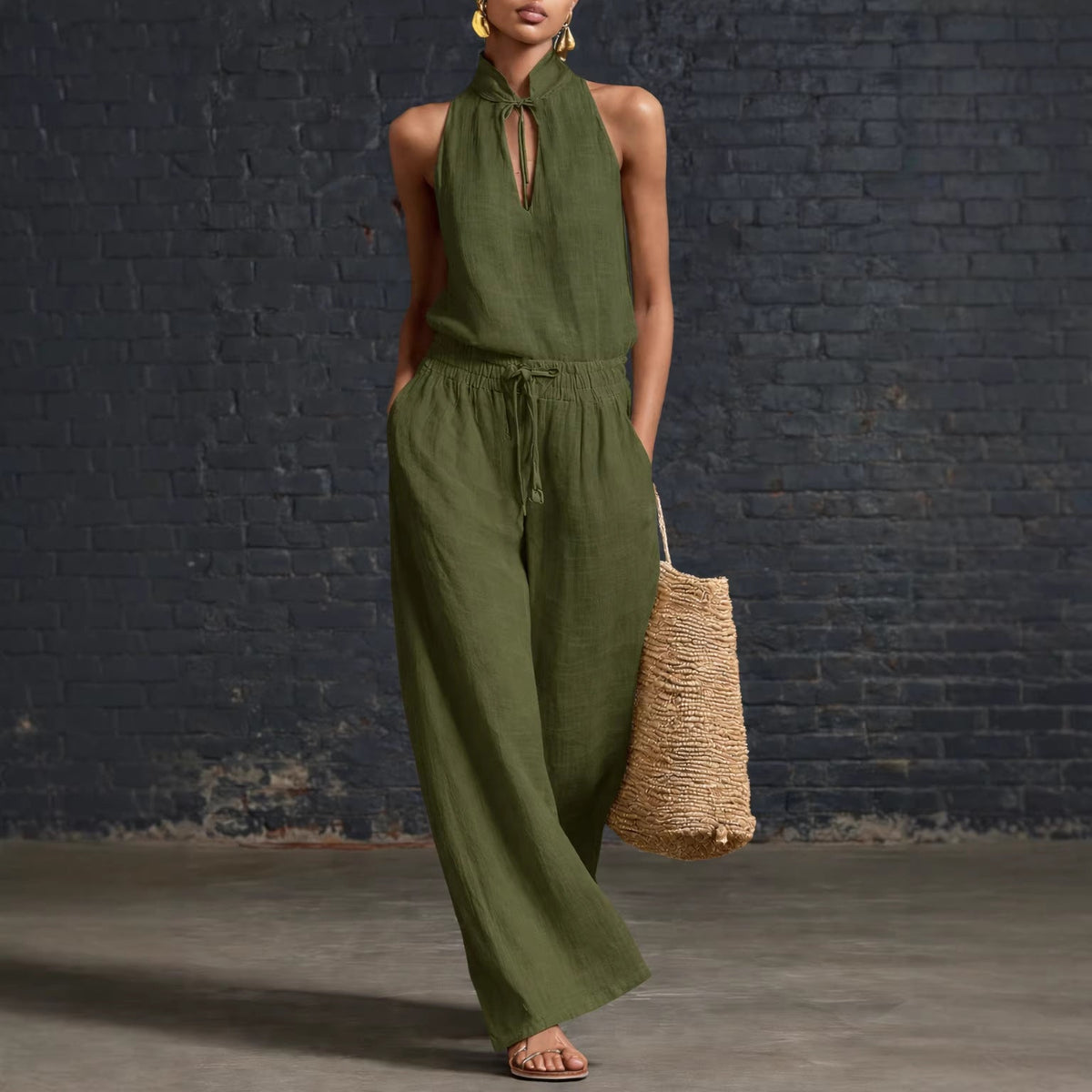 Urban-style Cotton And Linen Top And Wide-leg Pants Set