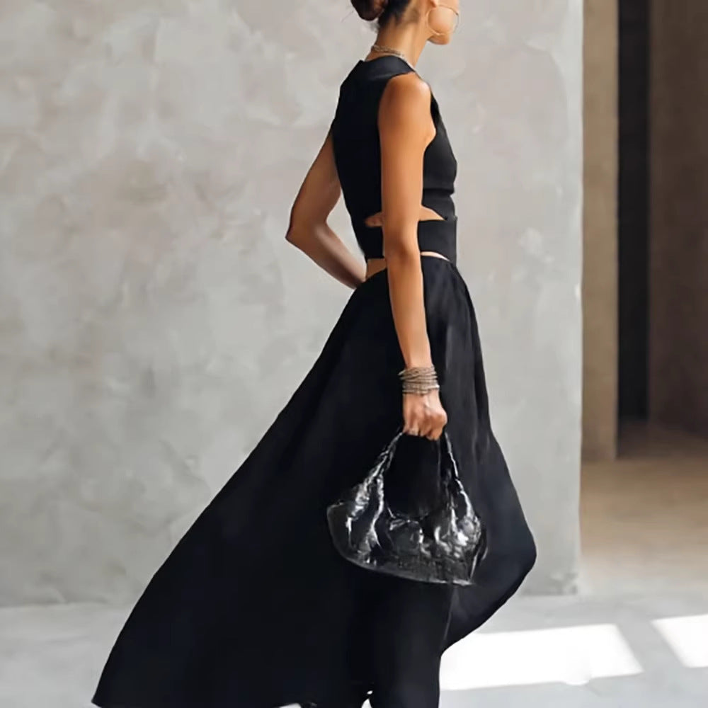 Black Sleeveless Midriff-baring Elegant Slimming Long Dress