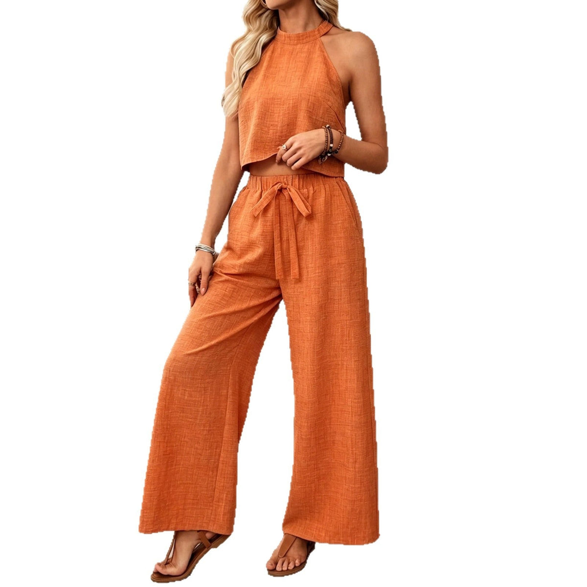 Neck-hanging Sleeveless Cropped Top And Wide-leg Pants Set