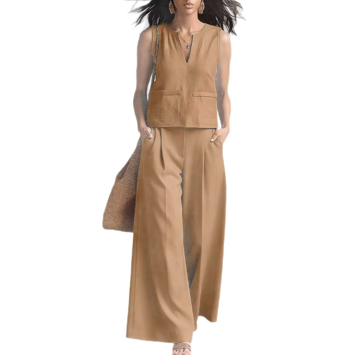 Solid-color Elegant Two-piece Set Crew-neck Vest And Wide-leg Pants