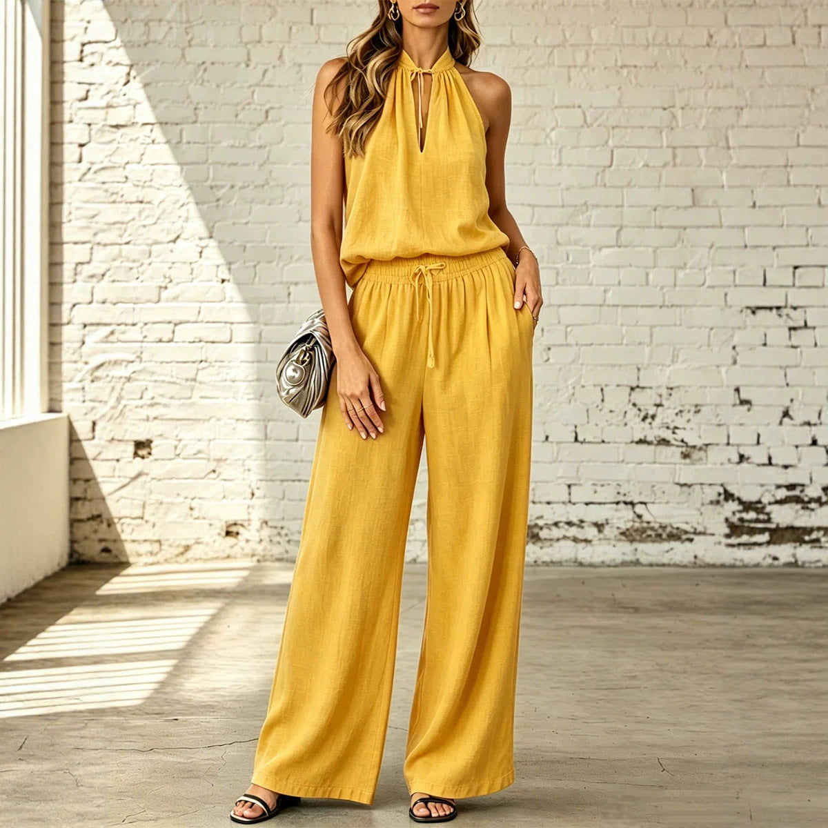 Womens Solid-Colored Casual Cotton-Linen Top And Wide-Leg Pants Set