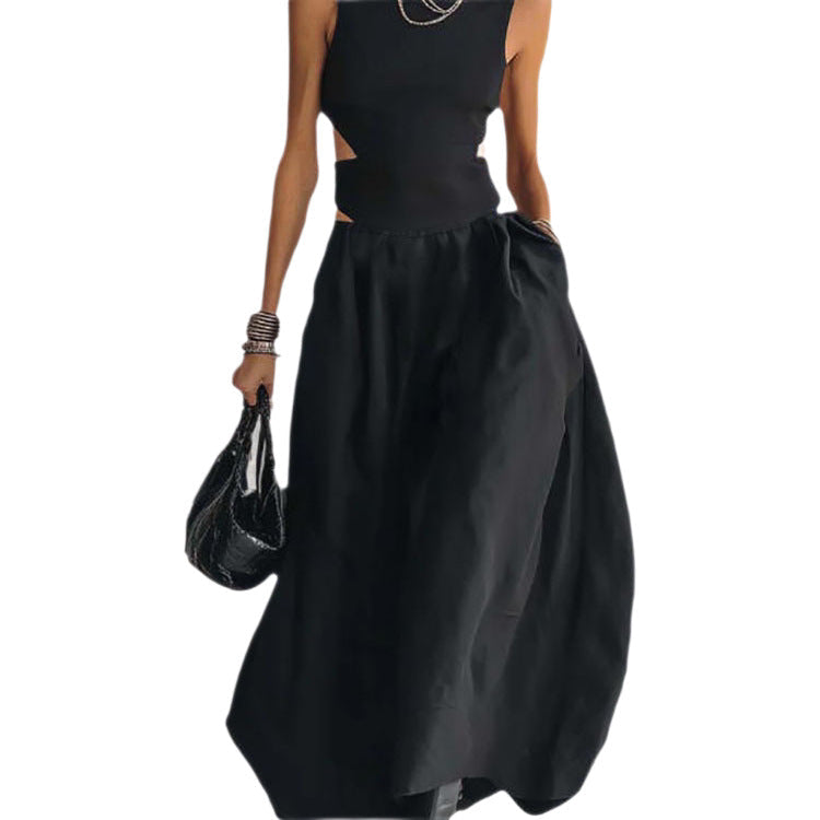 Black Sleeveless Midriff-baring Elegant Slimming Long Dress