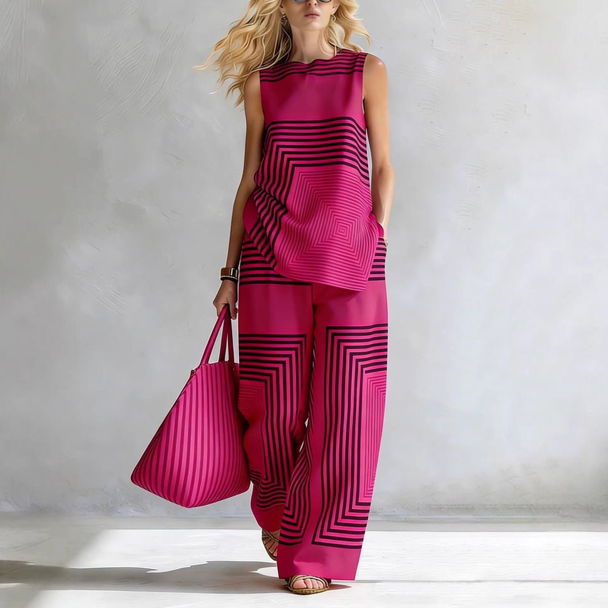 Lightweight Geometric Striped Sleeveless Top And Wide-leg Pants