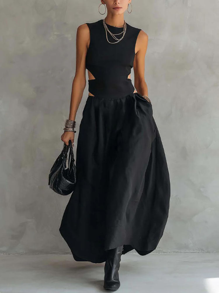 Black Sleeveless Midriff-baring Elegant Slimming Long Dress