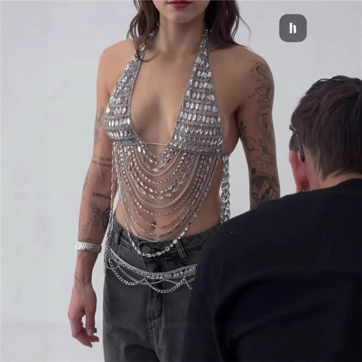 Silver Large Diamond Chest Chain Suspender Sexy Metal Chain Vest Party Chest Chain