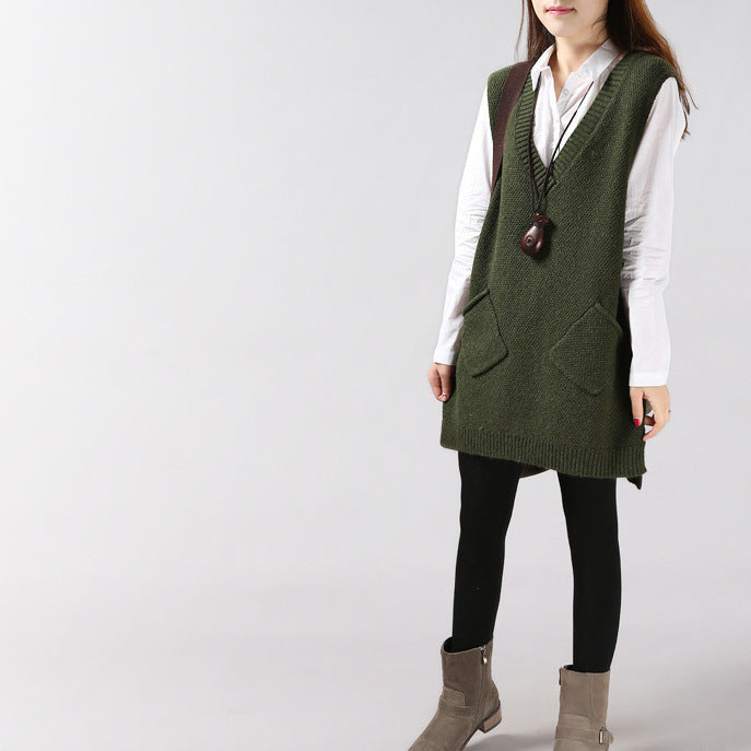 Loose Slimming Versatile Plus-Size V-Neck Knitted Sweater Vest For Women