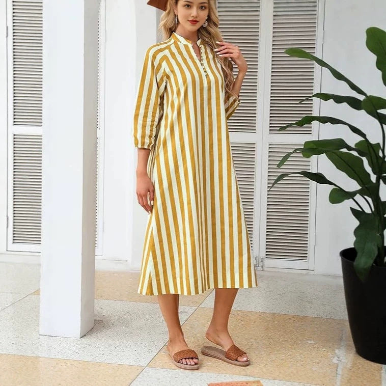 V-neck Striped Dress-shirt Skirt Thats Slimming And Relaxed-fit