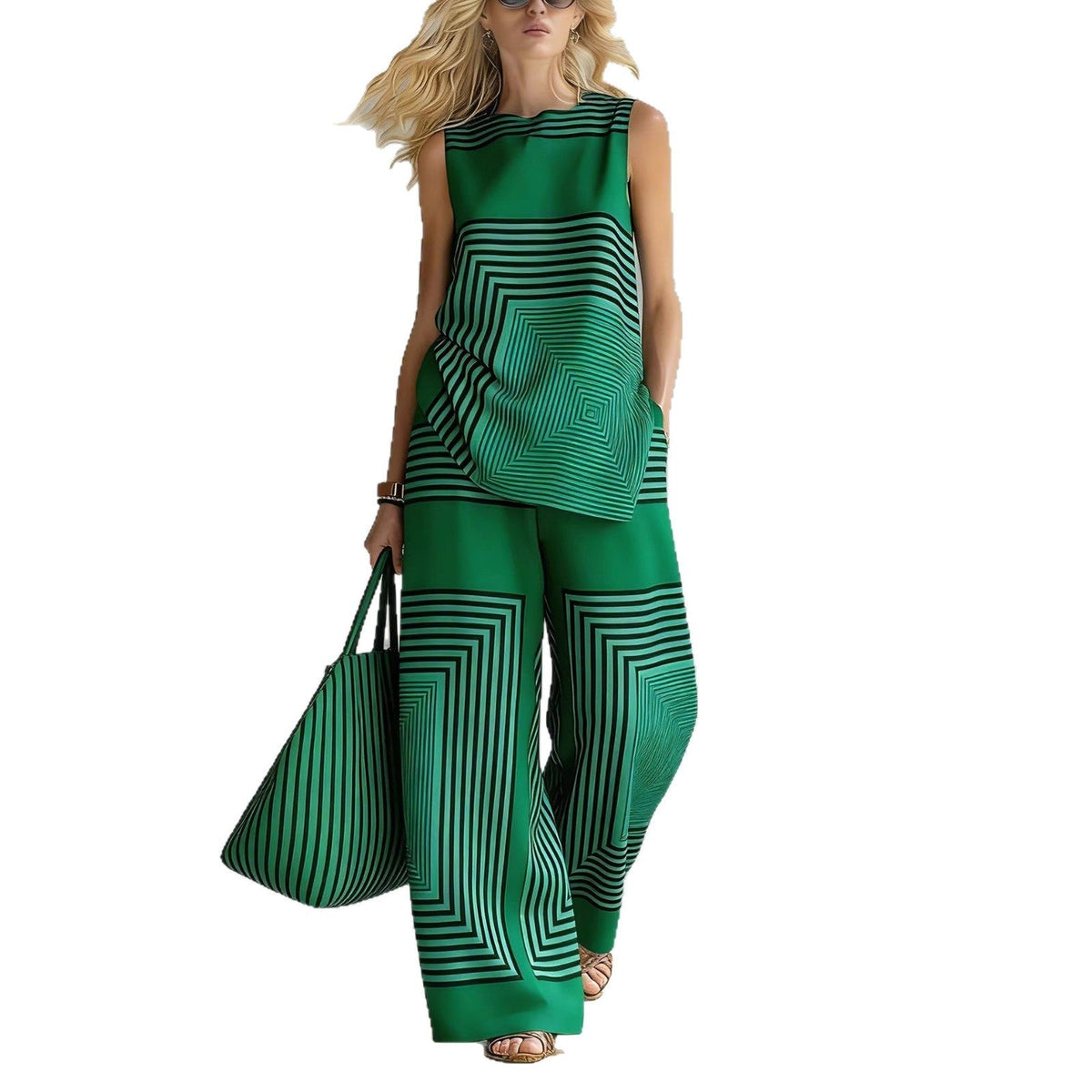 Lightweight Geometric Striped Sleeveless Top And Wide-leg Pants