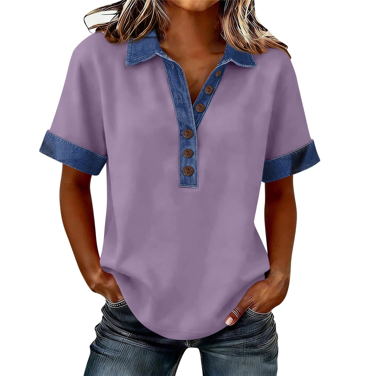 Summer New Denim Patchwork Polo Shirt