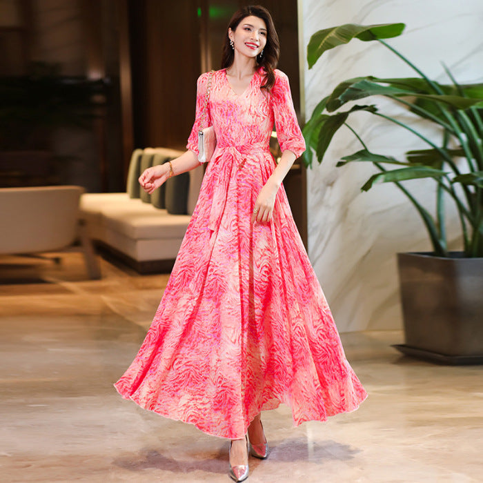 Women's Flared V-Neck Printed Dress