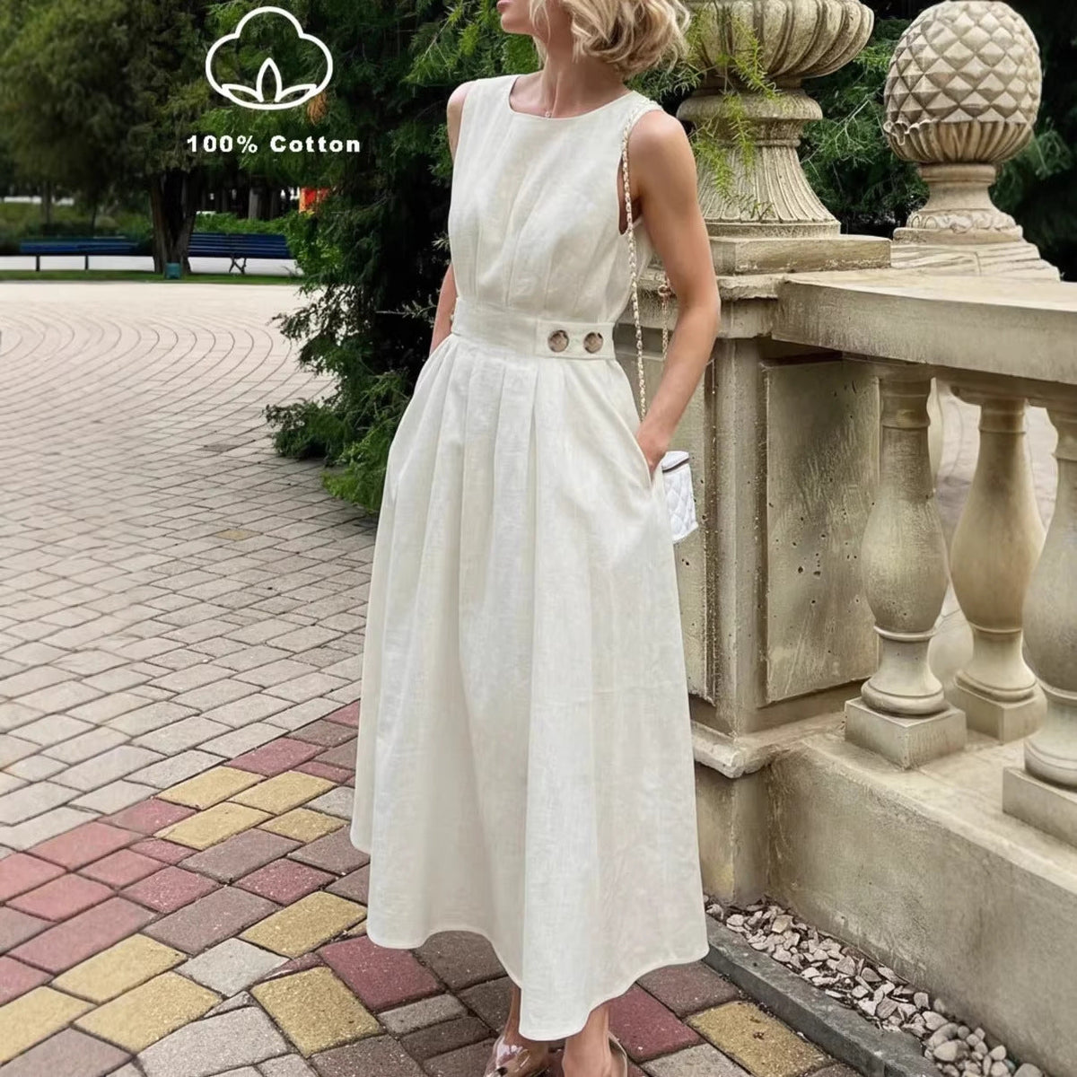 French-style Elegant Casual Minimalist Sleeveless Crew-neck Dress