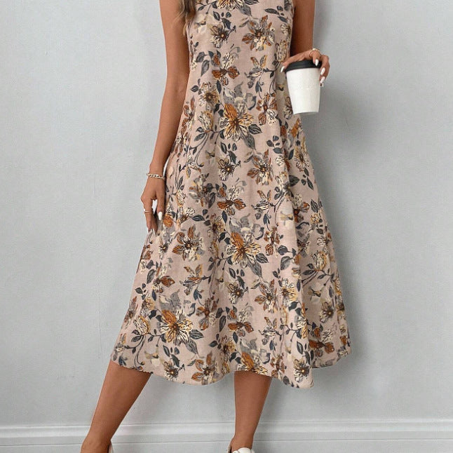 Womens Printed All-Match Sleeveless Pocketed Dress