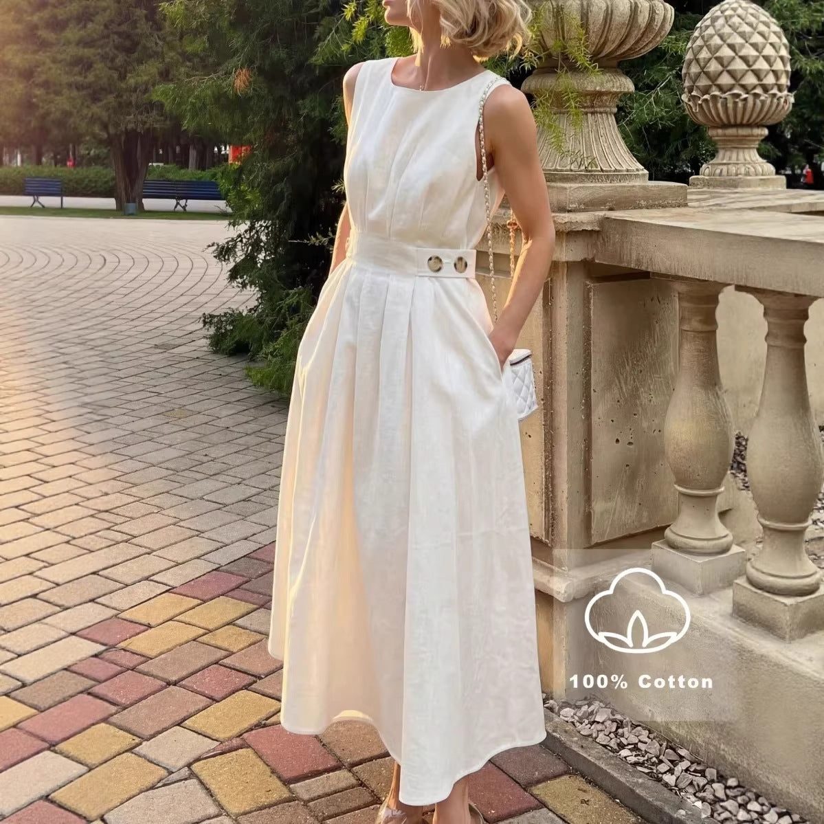 French-style Elegant Casual Minimalist Sleeveless Crew-neck Dress