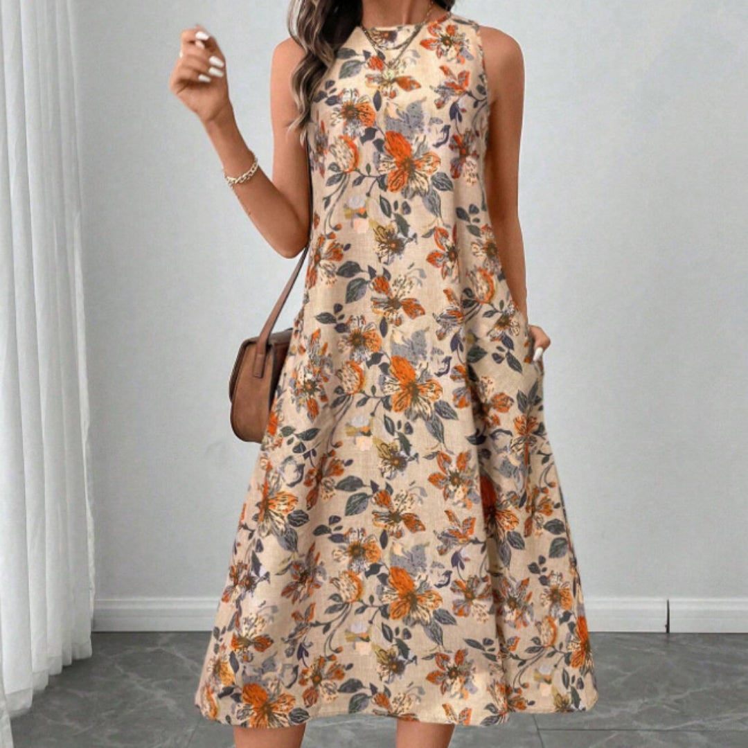 Womens Printed All-Match Sleeveless Pocketed Dress