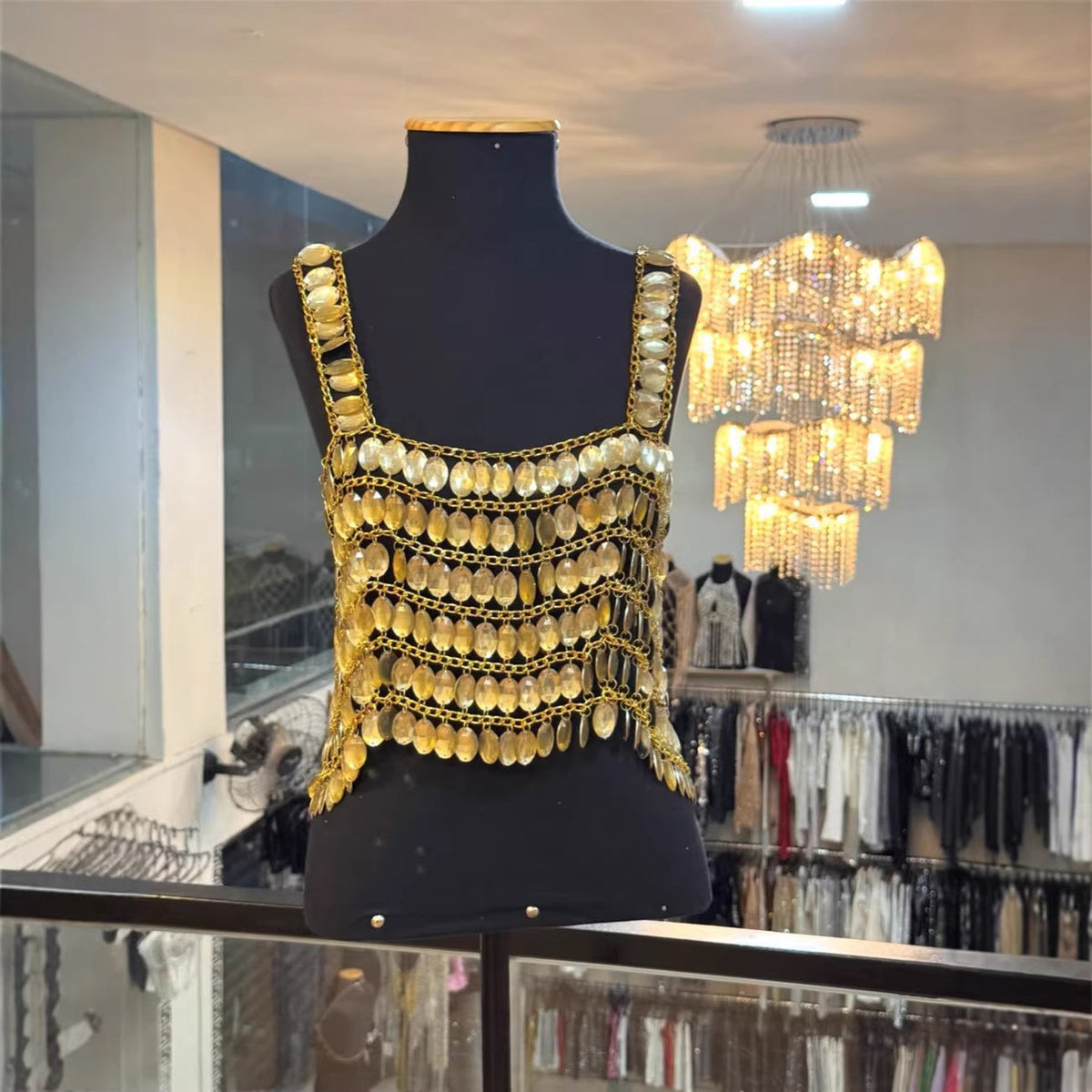Sparkling Gold Gemstone Multi-Layer All-Match Bustier Vest