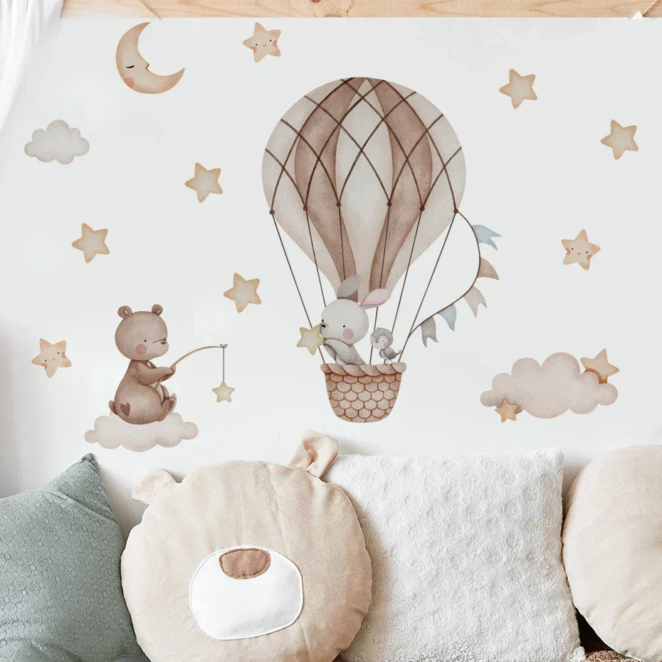 Cartoon Hot Air Balloon Wall Stickers | Animals, Bear & Rabbits Decals for Nursery