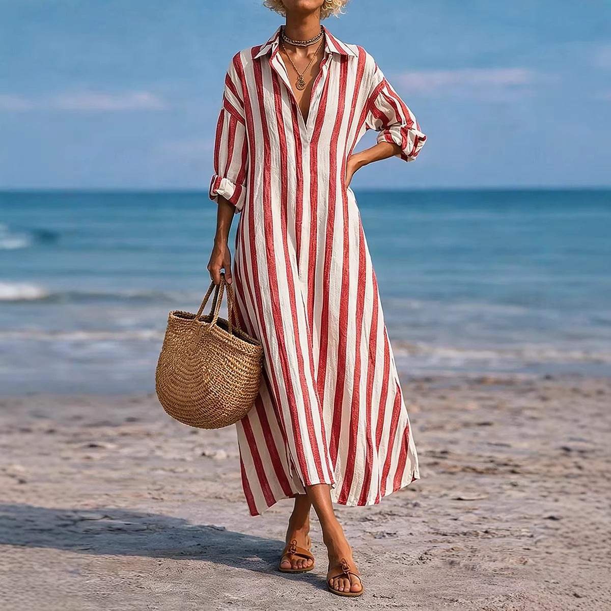 SpringSummer New Striped Lapel-Pocket Dress