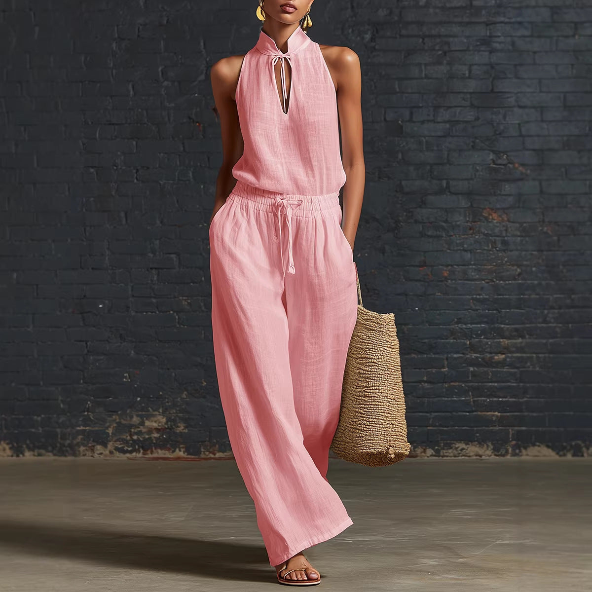 Urban-style Cotton And Linen Top And Wide-leg Pants Set