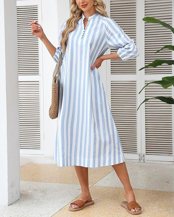V-neck Striped Dress-shirt Skirt Thats Slimming And Relaxed-fit