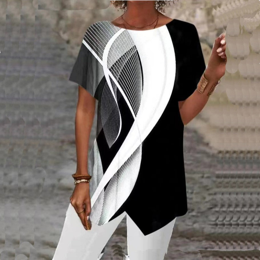2026 European And American Summer Cross-border New Style Geometric Print Loose Short-sleeved T-shirt With Asymmetrical Hem