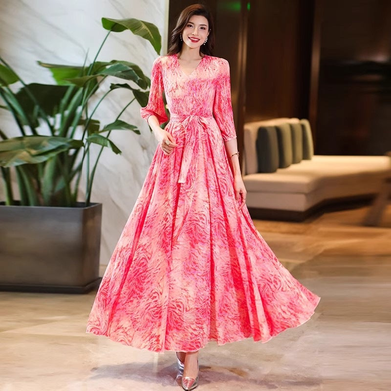 Women's Flared V-Neck Printed Dress