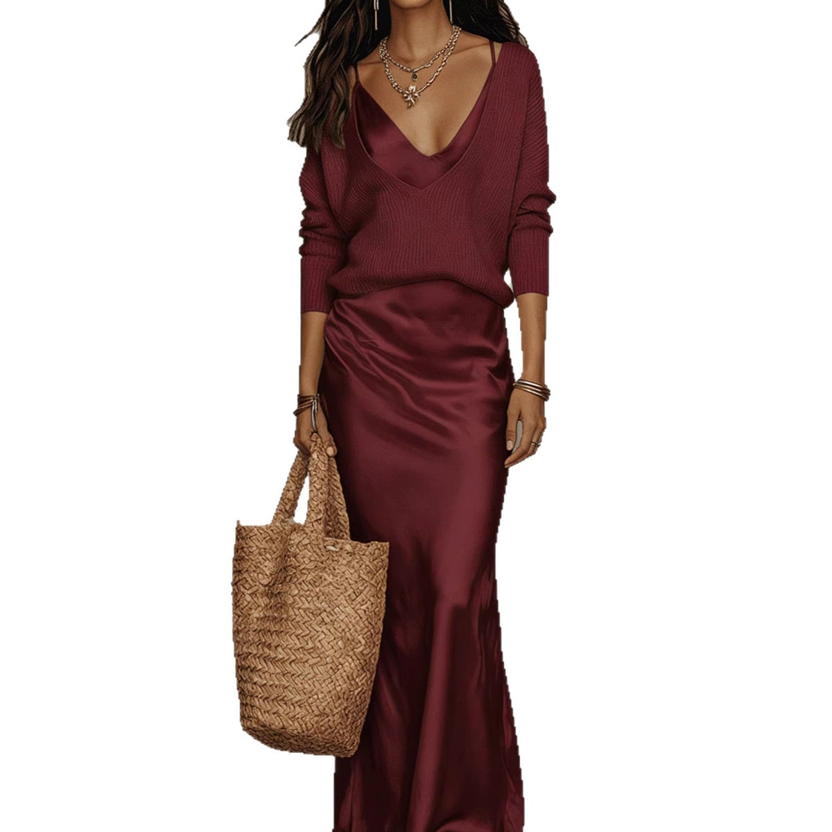 Womens Solid-Color V-Neck Knitted Sweater And Satin Dress Set