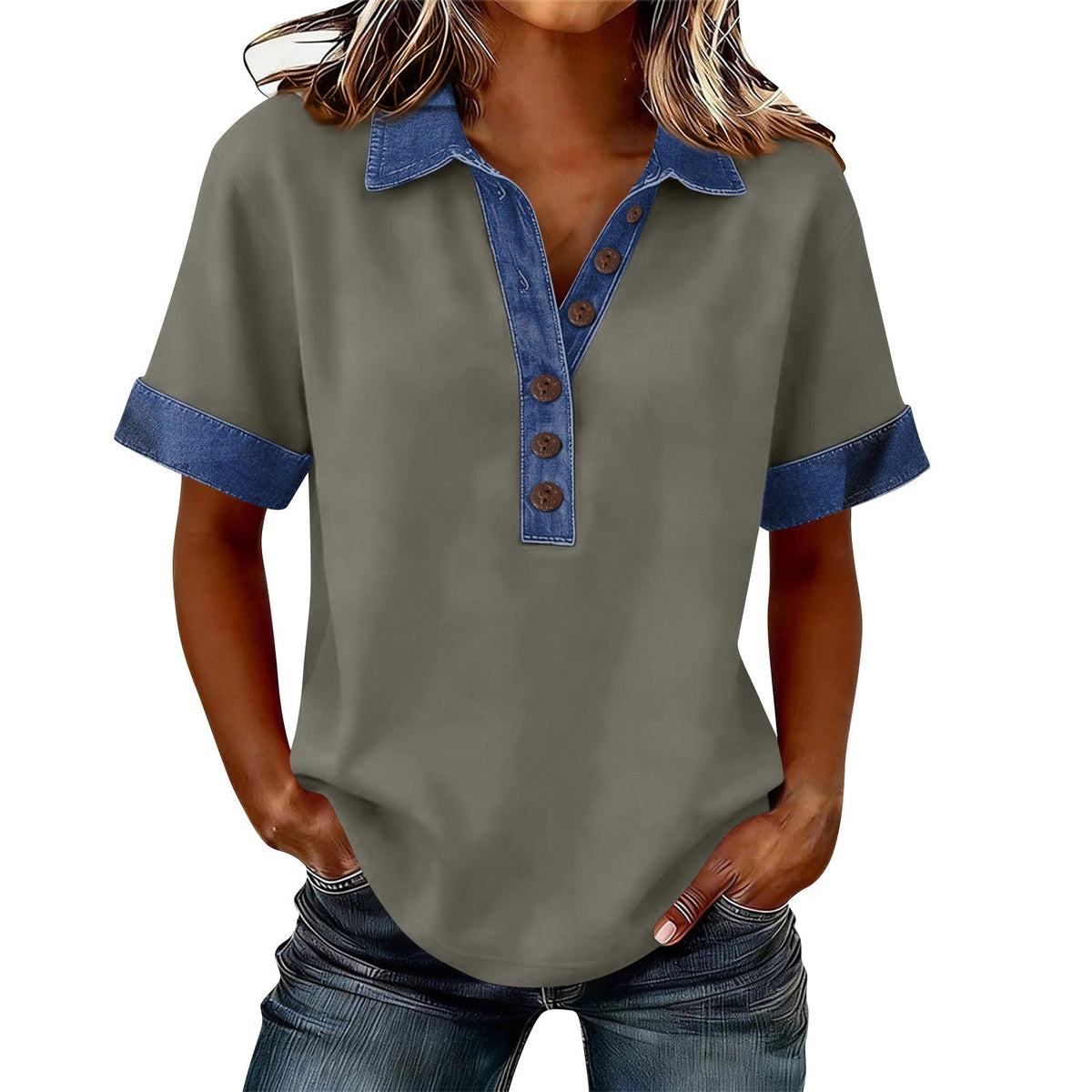 Summer New Denim Patchwork Polo Shirt