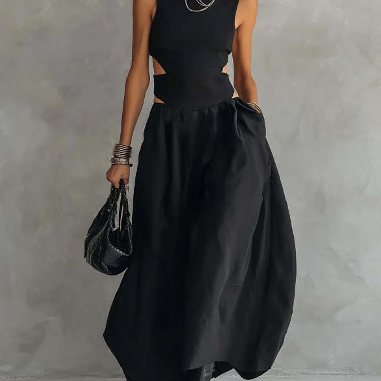 Black Sleeveless Midriff-baring Elegant Slimming Long Dress