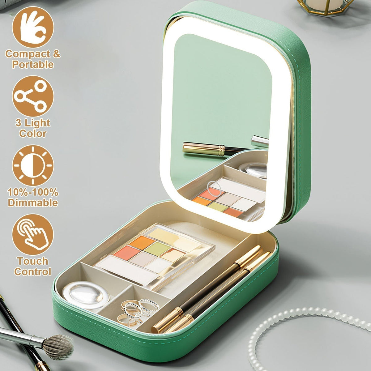 Portable Beauty Cosmetic Bag with LED Mirror | Waterproof, Dimmable 3-Light Modes