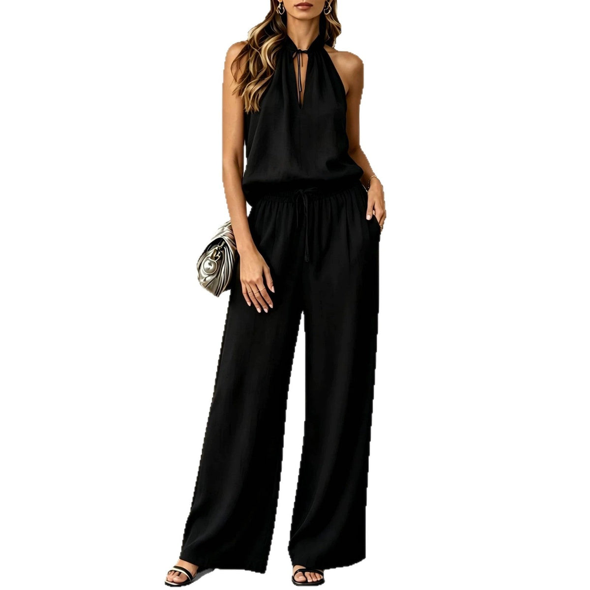 Womens Solid-Colored Casual Cotton-Linen Top And Wide-Leg Pants Set