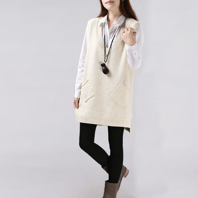 Loose Slimming Versatile Plus-Size V-Neck Knitted Sweater Vest For Women