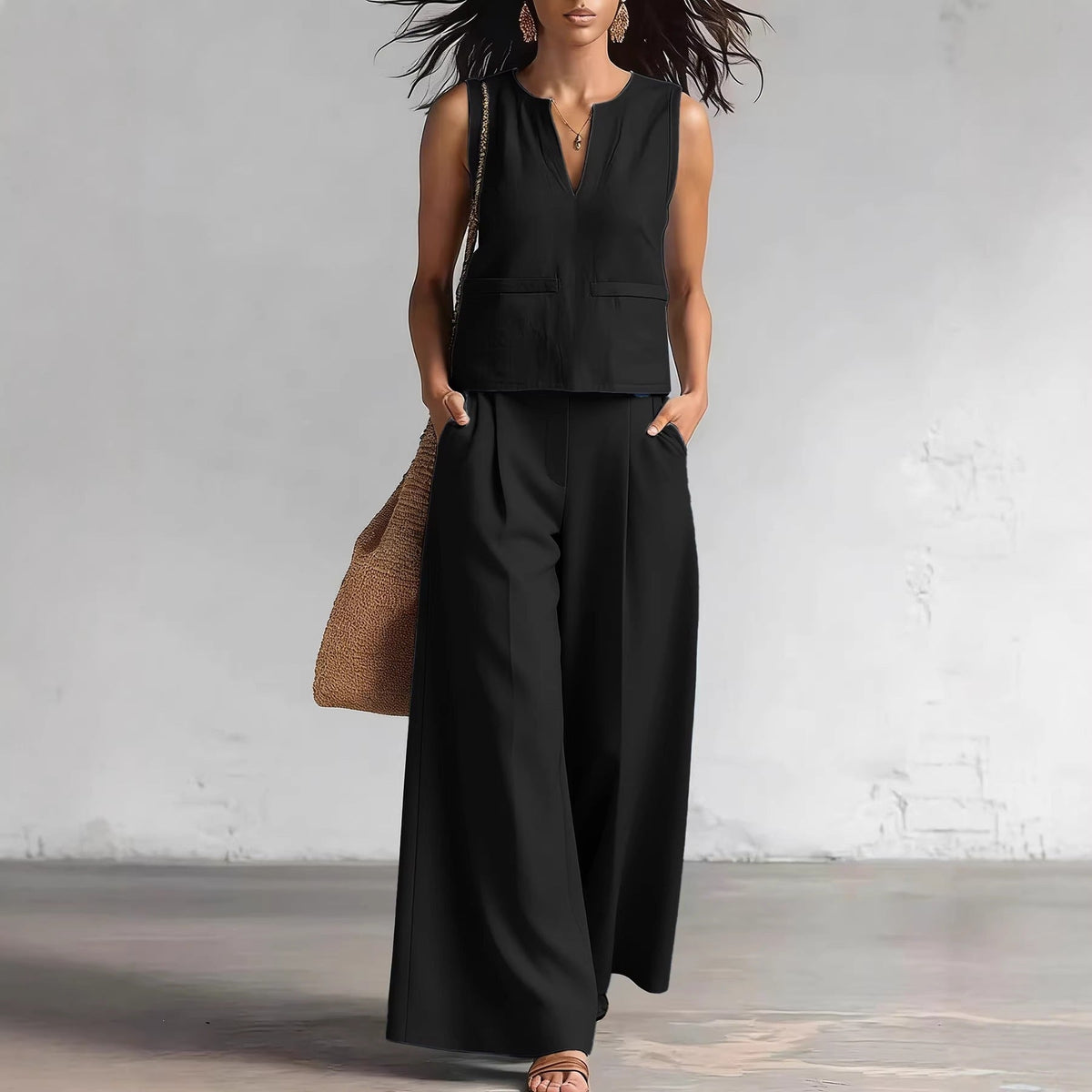 Solid-color Elegant Two-piece Set Crew-neck Vest And Wide-leg Pants