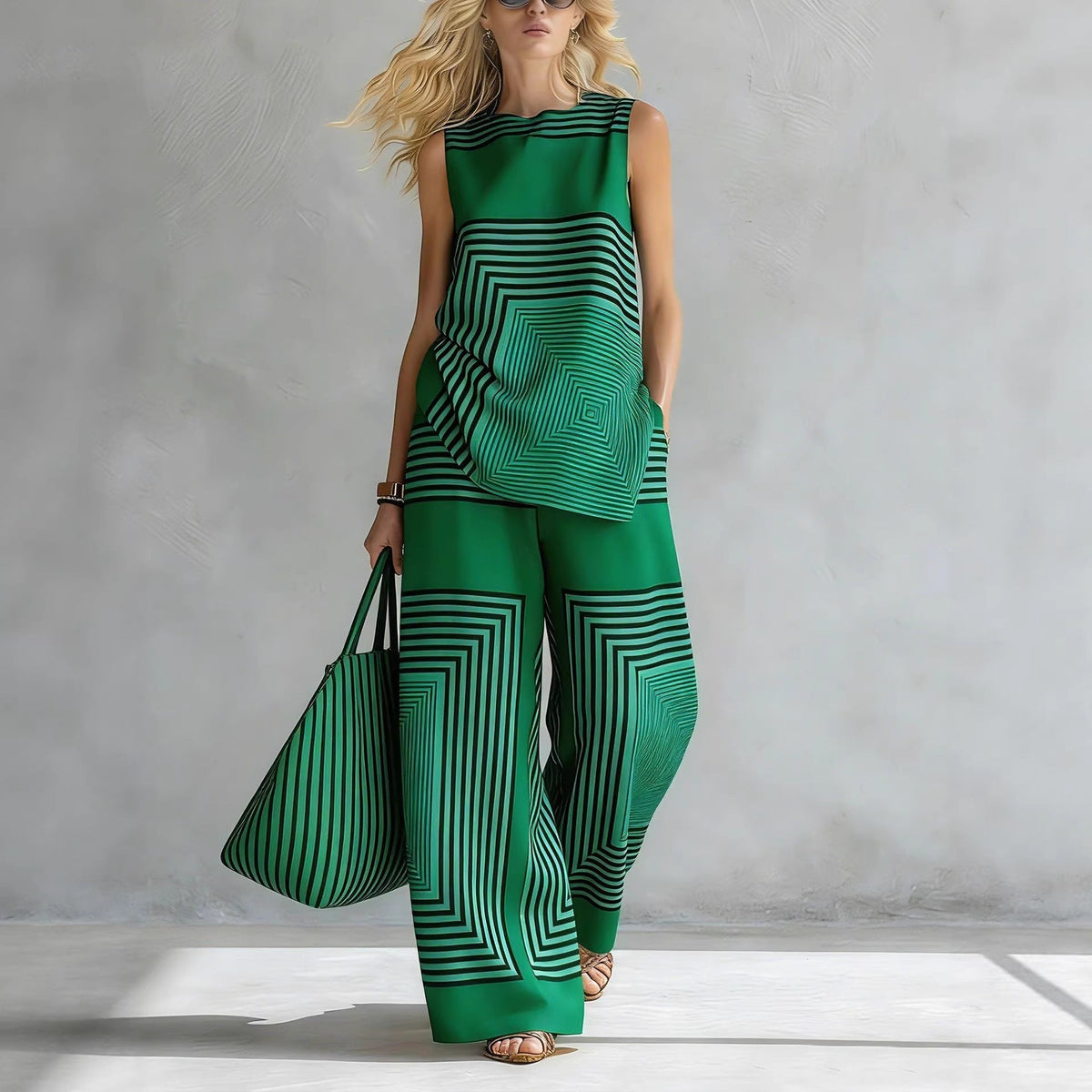Lightweight Geometric Striped Sleeveless Top And Wide-leg Pants