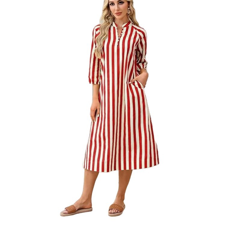 V-neck Striped Dress-shirt Skirt Thats Slimming And Relaxed-fit