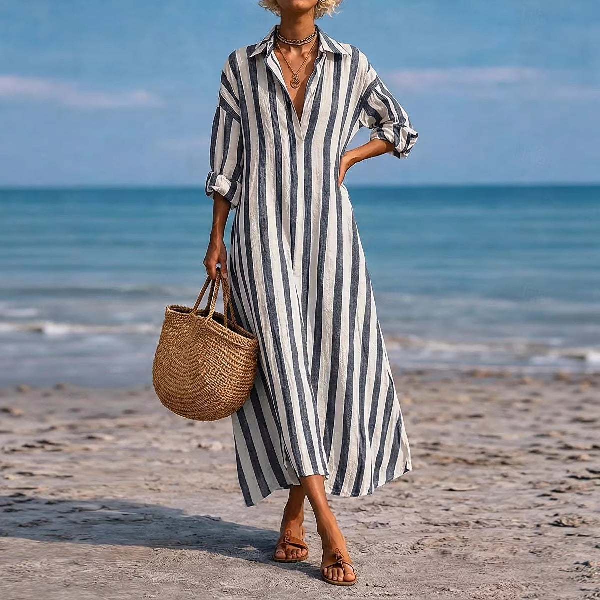 SpringSummer New Striped Lapel-Pocket Dress