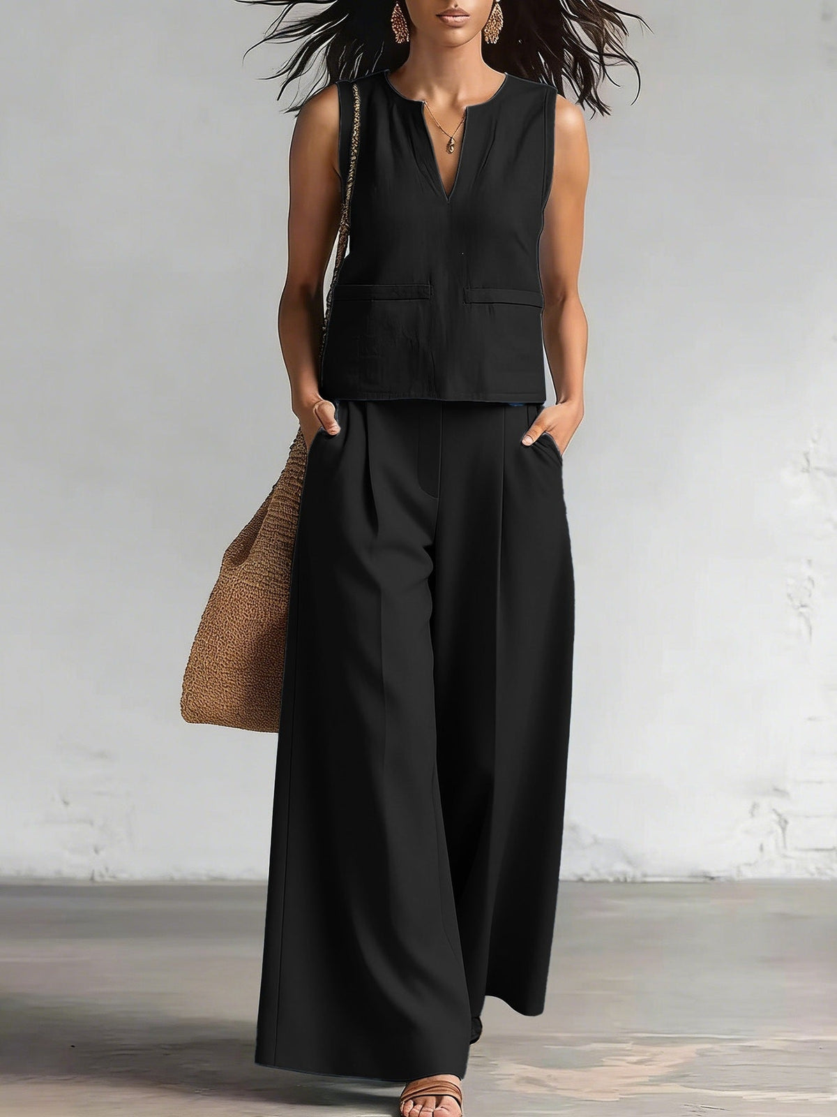 Solid-color Elegant Two-piece Set Crew-neck Vest And Wide-leg Pants