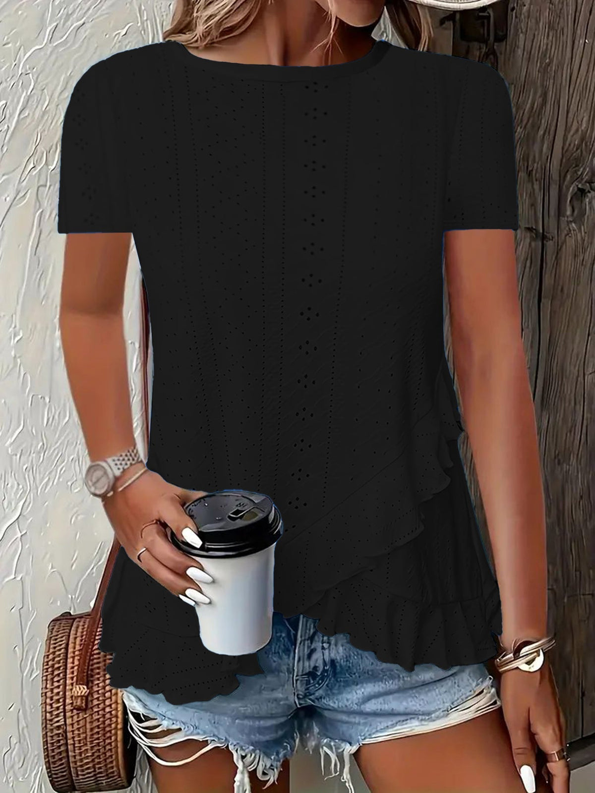 Summer New Women's Fashion Plus-Size Asymmetrical Ruffled Hem Short-Sleeve Top