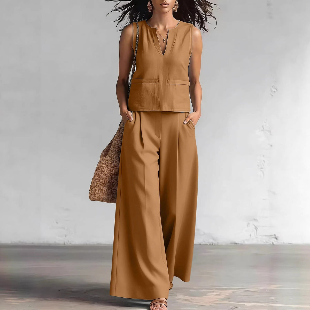 Solid-color Elegant Two-piece Set Crew-neck Vest And Wide-leg Pants