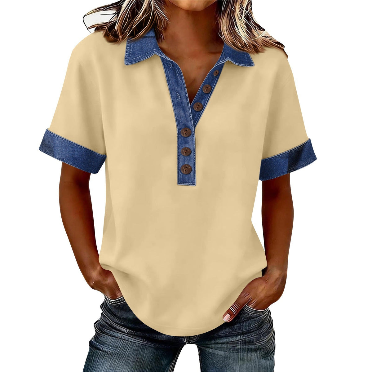 Summer New Denim Patchwork Polo Shirt